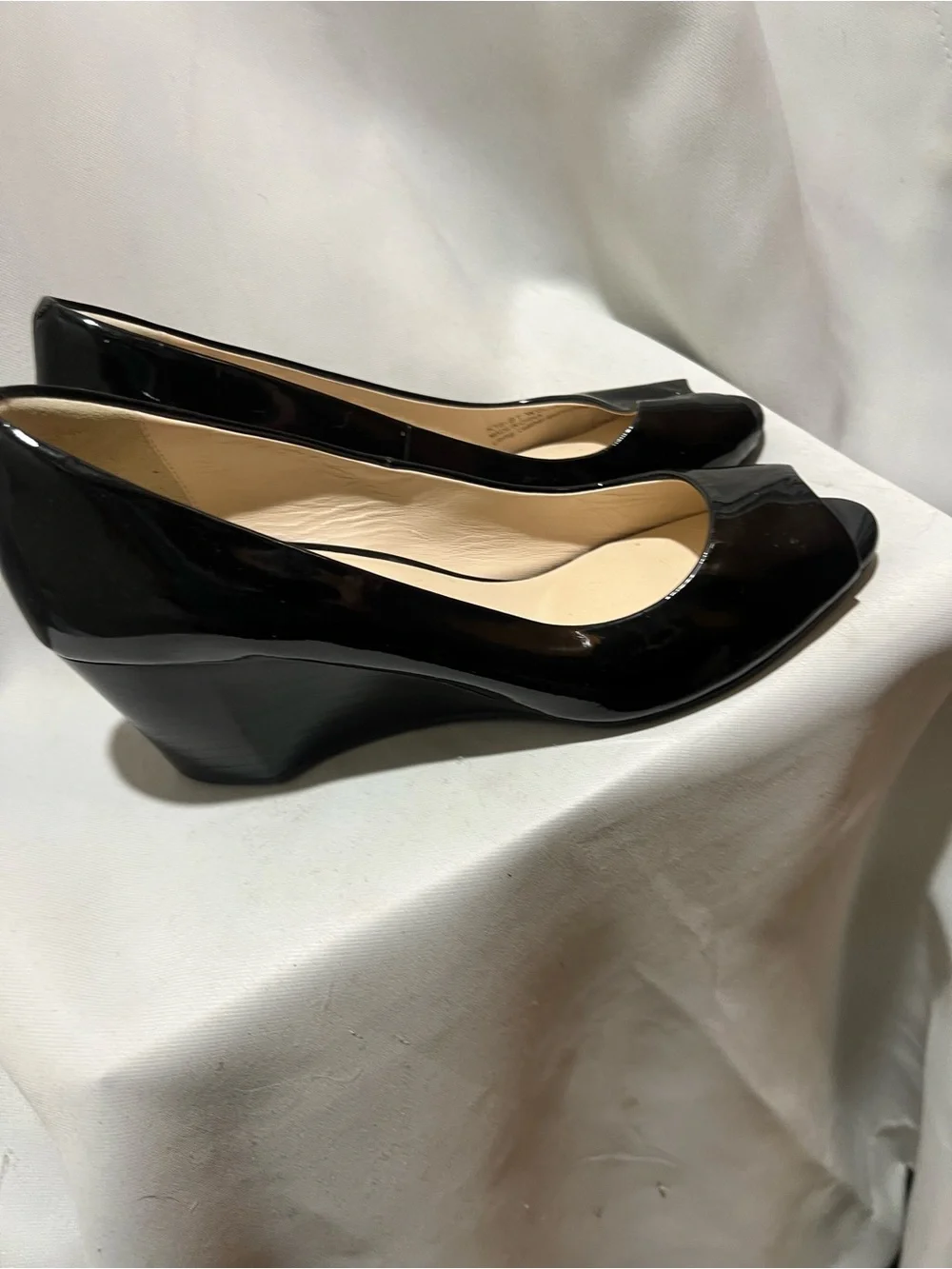 Cole Haan Black Patent Leather Peep Toe Wedge Pumps Size 7.5B
